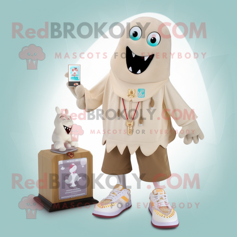 Beige Ghost mascot costume character dressed with a Bermuda Shorts and Necklaces Beige Ghost mascot costume character dressed with a Bermuda Shorts and Necklaces