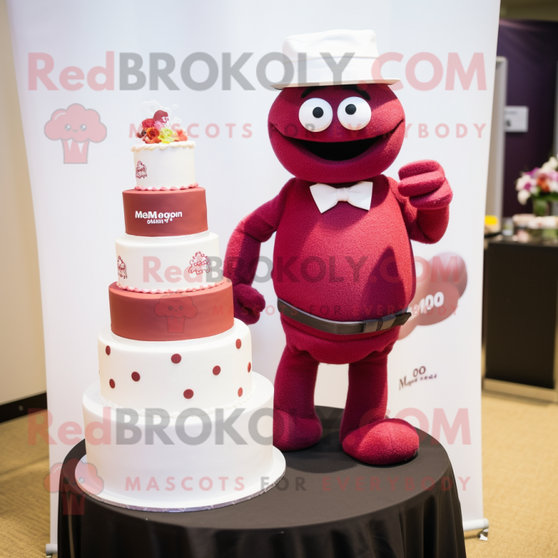 Maroon Wedding Cake mascot costume character dressed with a Polo Tee and Earrings Maroon Wedding Cake mascot costume character dressed with a Polo Tee and Earrings