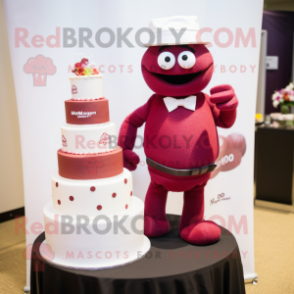 Maroon Wedding Cake mascot costume character dressed with a Polo Tee and Earrings