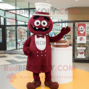 Maroon Wedding Cake mascot costume character dressed with a Polo Tee and Earrings
