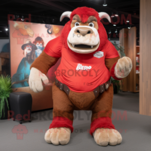 Red Bison mascot costume character dressed with a Mom Jeans and Wraps