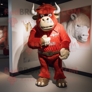 Red Bison mascot costume character dressed with a Mom Jeans and Wraps