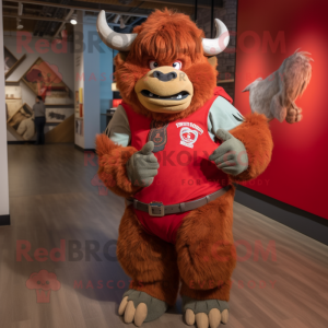 Red Bison mascot costume character dressed with a Mom Jeans and Wraps