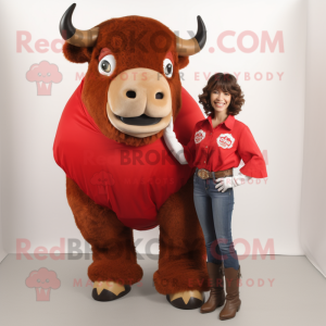 Red Bison mascot costume character dressed with a Mom Jeans and Wraps
