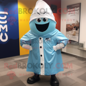 Sky Blue Clam Chowder mascot costume character dressed with a Raincoat and Pocket squares