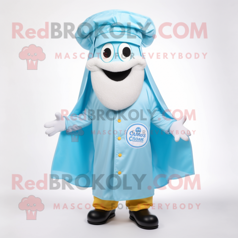 Sky Blue Clam Chowder mascot costume character dressed with a Raincoat and Pocket squares