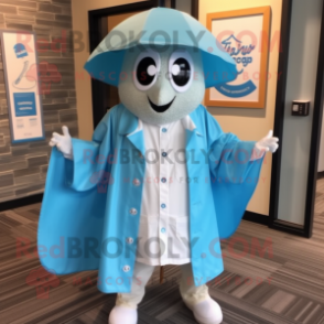 Sky Blue Clam Chowder mascot costume character dressed with a Raincoat and Pocket squares