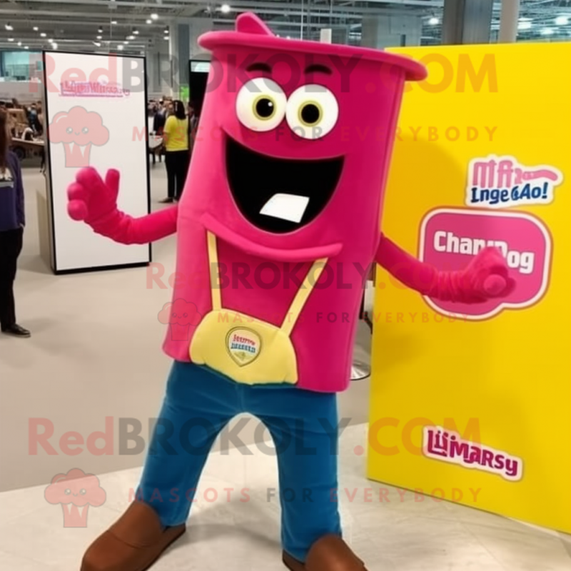 Magenta Lasagna mascot costume character dressed with a Jeans and Lapel pins