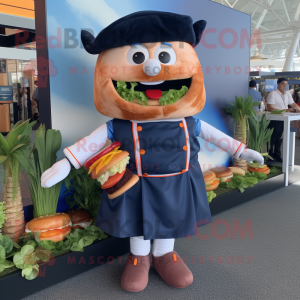 Navy Burgers mascot costume character dressed with a Wrap Skirt and Suspenders