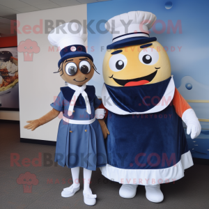 Navy Burgers mascot costume character dressed with a Wrap Skirt and Suspenders