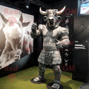 Silver Minotaur mascot costume character dressed with a Rugby Shirt and Wraps
