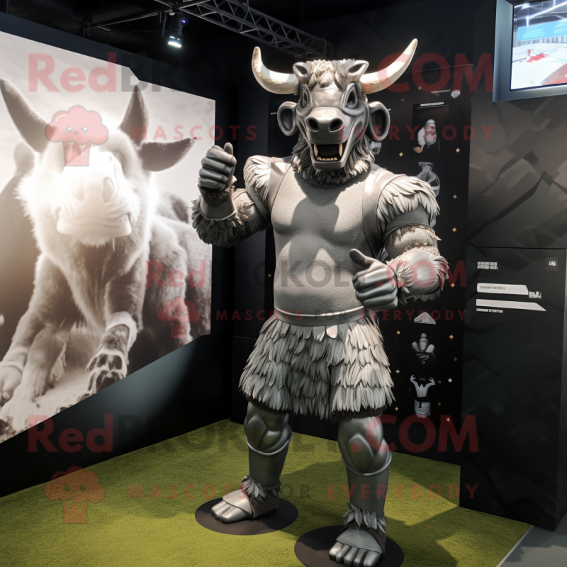 Silver Minotaur mascot costume character dressed with a Rugby Shirt and Wraps Silver Minotaur mascot costume character dressed with a Rugby Shirt and Wraps
