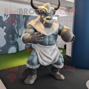 Silver Minotaur mascot costume character dressed with a Rugby Shirt and Wraps
