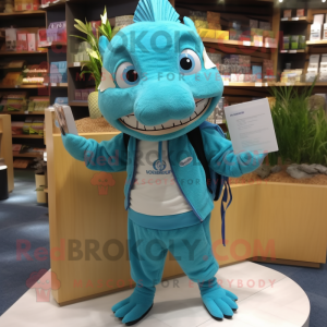Cyan Barracuda mascot costume character dressed with a Cardigan and Messenger bags