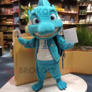 Cyan Barracuda mascot costume character dressed with a Cardigan and Messenger bags