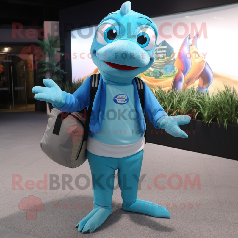 Cyan Barracuda mascot costume character dressed with a Cardigan and Messenger bags