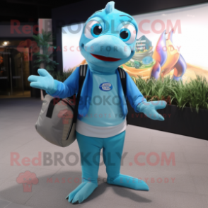 Cyan Barracuda mascot costume character dressed with a Cardigan and Messenger bags