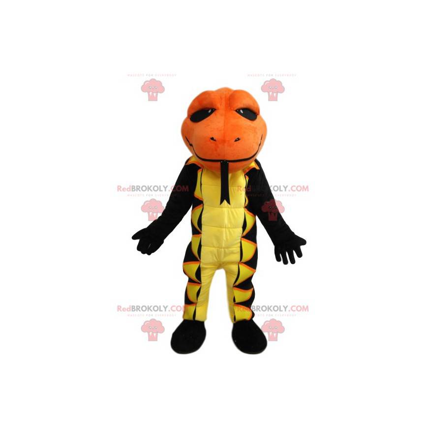 Mascot salamandra amarilla y negra con cabeza naranja -
