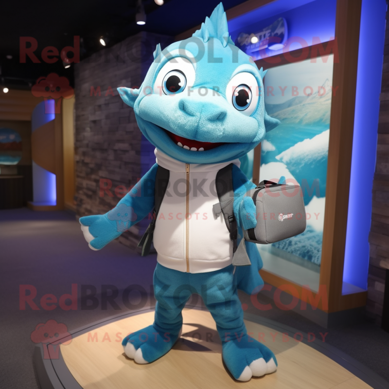 Cyan Barracuda mascot costume character dressed with a Cardigan and Messenger bags