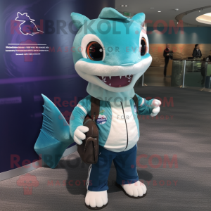 Cyan Barracuda mascot costume character dressed with a Cardigan and Messenger bags