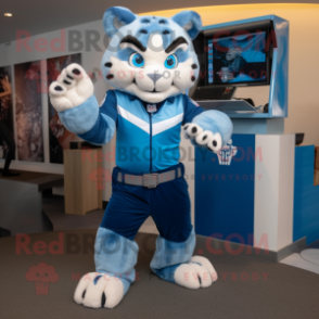 Blue Bobcat mascot costume character dressed with a Graphic Tee and Foot pads