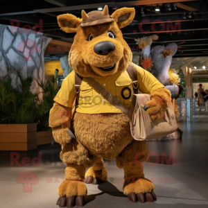 Gold Woolly Rhinoceros mascot costume character dressed with a Cargo Shorts and Suspenders