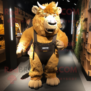 Gold Woolly Rhinoceros mascot costume character dressed with a Cargo Shorts and Suspenders