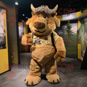 Gold Woolly Rhinoceros mascot costume character dressed with a Cargo Shorts and Suspenders