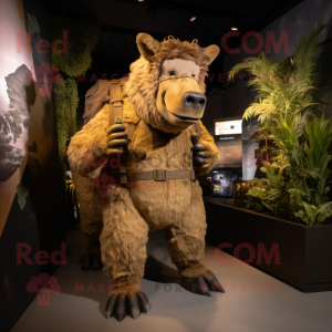 Gold Woolly Rhinoceros mascot costume character dressed with a Cargo Shorts and Suspenders