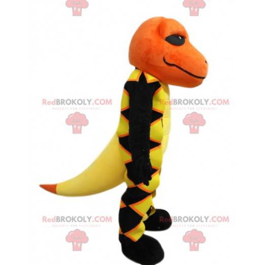 Mascotte salamandra gialla e nera con una testa arancione -