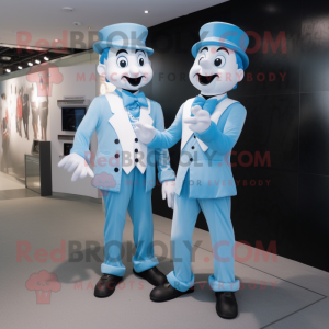 Sky Blue Mime mascot costume character dressed with a Dress Pants and Ties