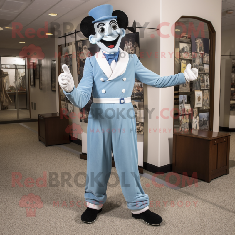 Sky Blue Mime mascot costume character dressed with a Dress Pants and Ties