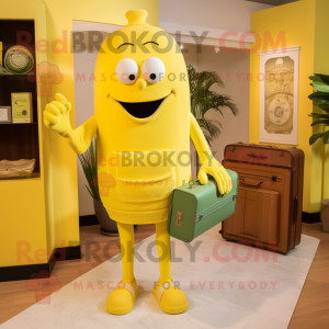 Lemon Yellow Television mascot costume character dressed with a Sweater and Handbags