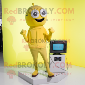 Lemon Yellow Television mascot costume character dressed with a Sweater and Handbags