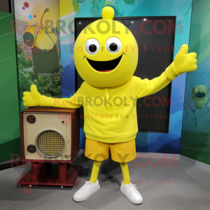 Lemon Yellow Television mascot costume character dressed with a Sweater and Handbags