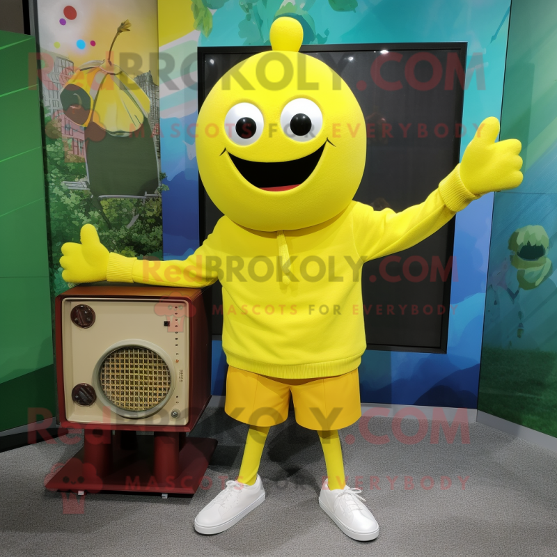 Lemon Yellow Television mascot costume character dressed with a Sweater and Handbags Lemon Yellow Television mascot costume character dressed with a Sweater and Handbags