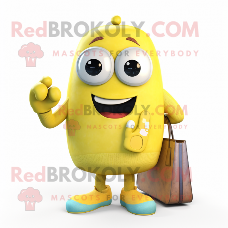Lemon Yellow Television mascot costume character dressed with a Sweater and Handbags Lemon Yellow Television mascot costume character dressed with a Sweater and Handbags