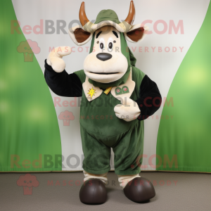 Forest Green Cow mascot costume character dressed with a Corduroy Pants and Rings