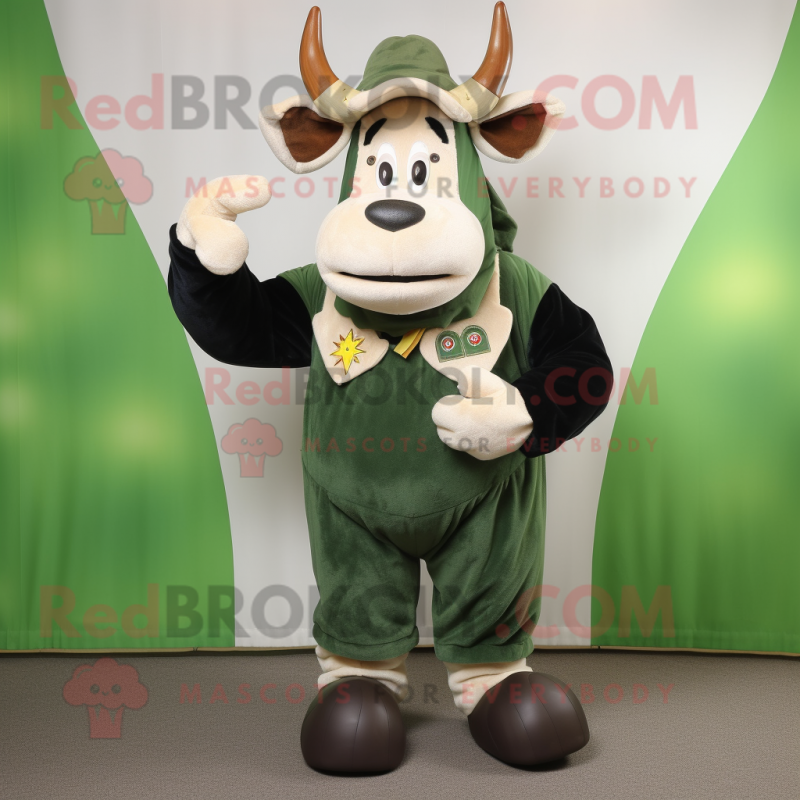 Forest Green Cow mascot costume character dressed with a Corduroy Pants and Rings Forest Green Cow mascot costume character dressed with a Corduroy Pants and Rings