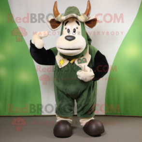 Forest Green Cow mascot costume character dressed with a Corduroy Pants and Rings