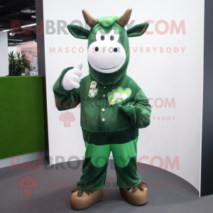 Forest Green Cow mascot costume character dressed with a Corduroy Pants and Rings