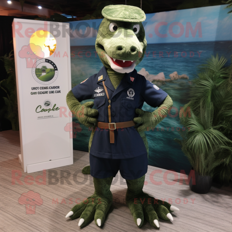 Navy Crocodile mascot costume character dressed with a Cargo Shorts and Lapel pins Navy Crocodile mascot costume character dressed with a Cargo Shorts and Lapel pins