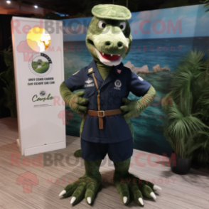 Navy Crocodile mascot costume character dressed with a Cargo Shorts and Lapel pins