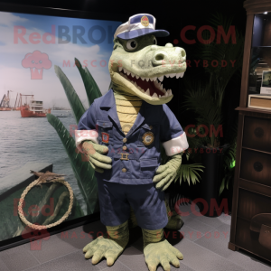 Navy Crocodile mascot costume character dressed with a Cargo Shorts and Lapel pins