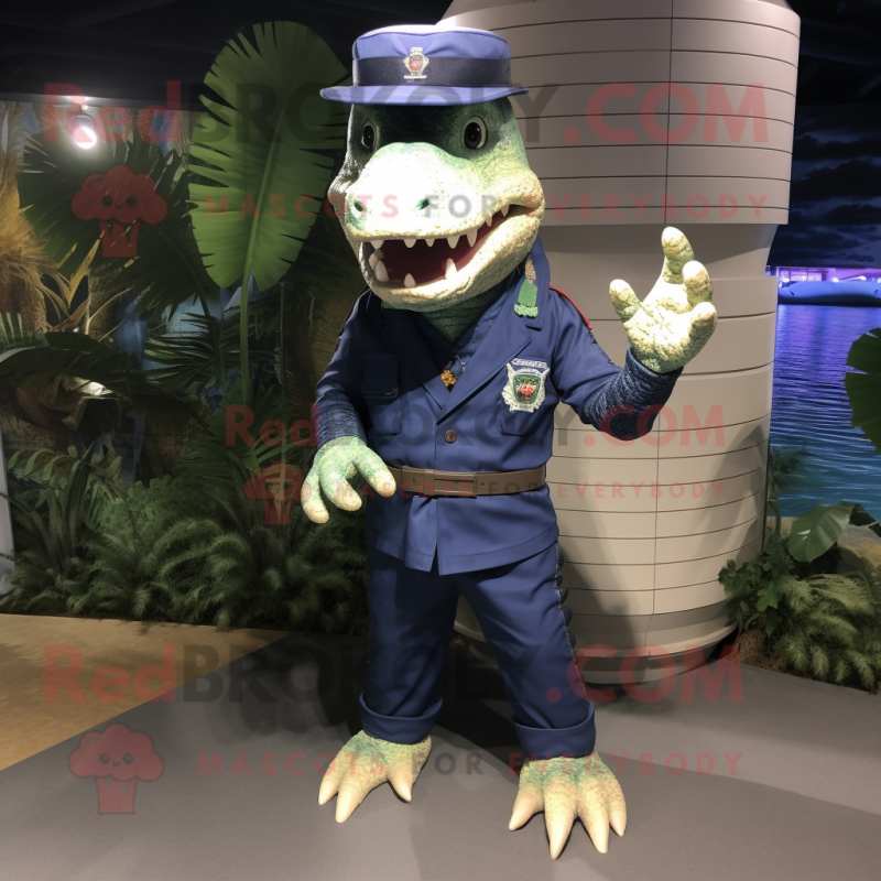 Navy Crocodile mascot costume character dressed with a Cargo Shorts and Lapel pins