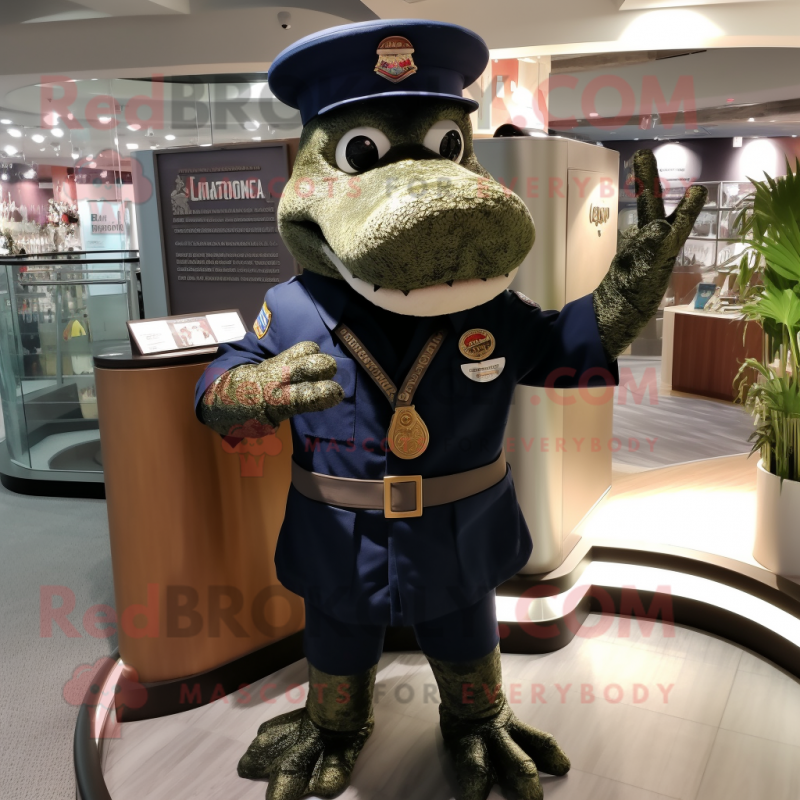 Navy Crocodile mascot costume character dressed with a Cargo Shorts and Lapel pins Navy Crocodile mascot costume character dressed with a Cargo Shorts and Lapel pins