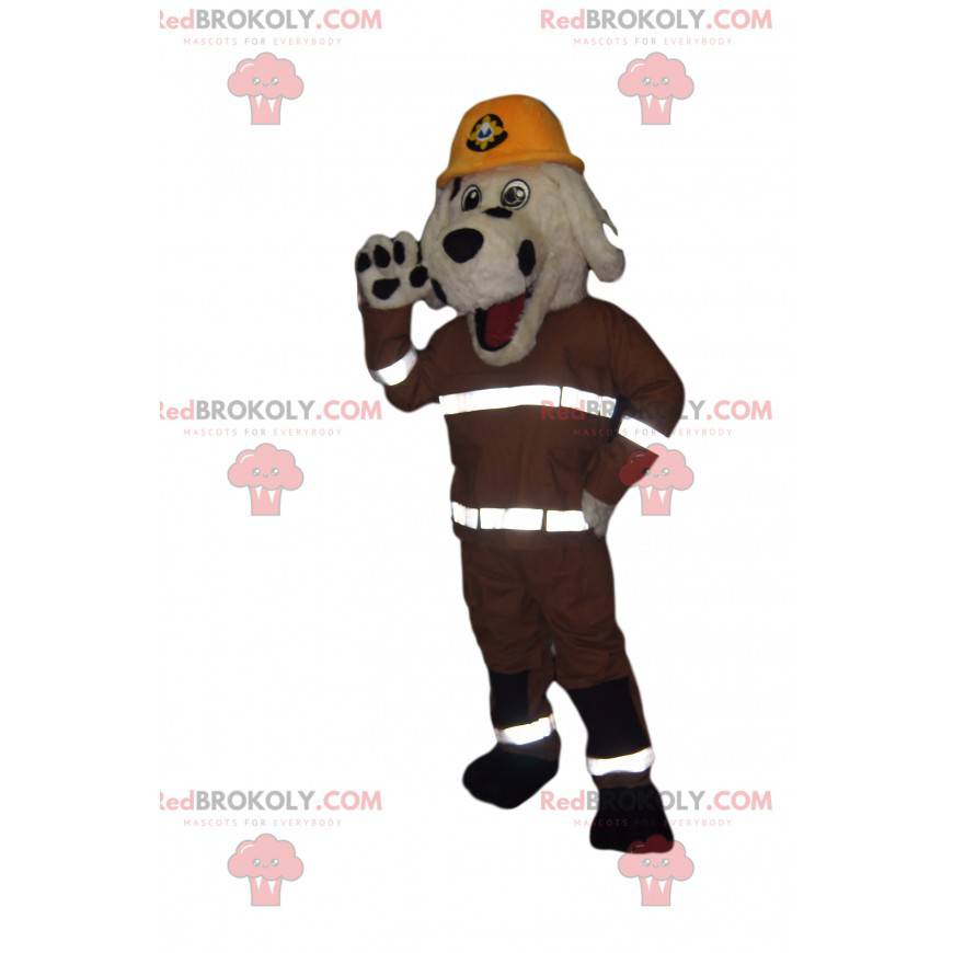 Mascote de cachorro branco e preto com roupa de bombeiro - Mascote de cachorro branco e preto com roupa de bombeiro -