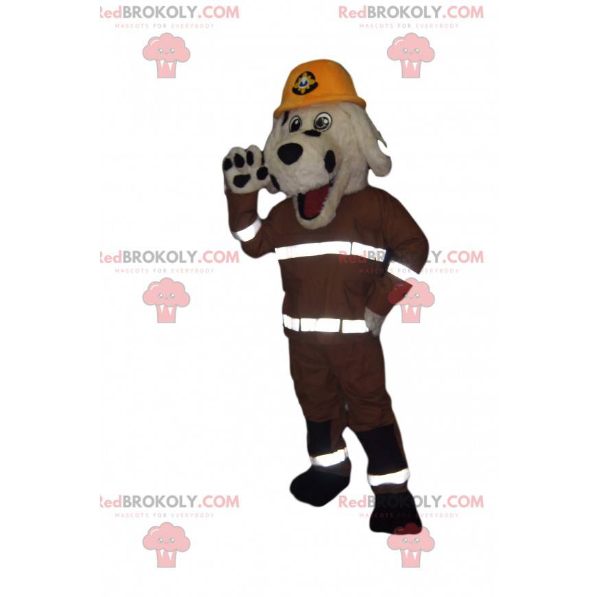 White and black dog mascot with a firefighter outfit -