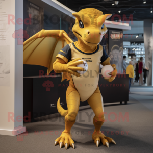 Gold Dimorphodon mascot costume character dressed with a Rugby Shirt and Foot pads