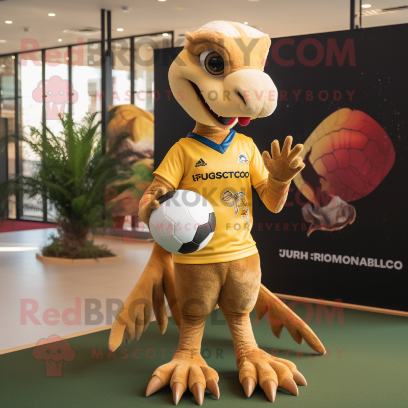 Gold Dimorphodon mascot costume character dressed with a Rugby Shirt and Foot pads